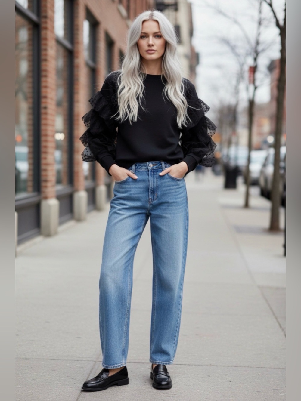 (#103) ZARA Dotted Mesh Ruffled Sweatshirt